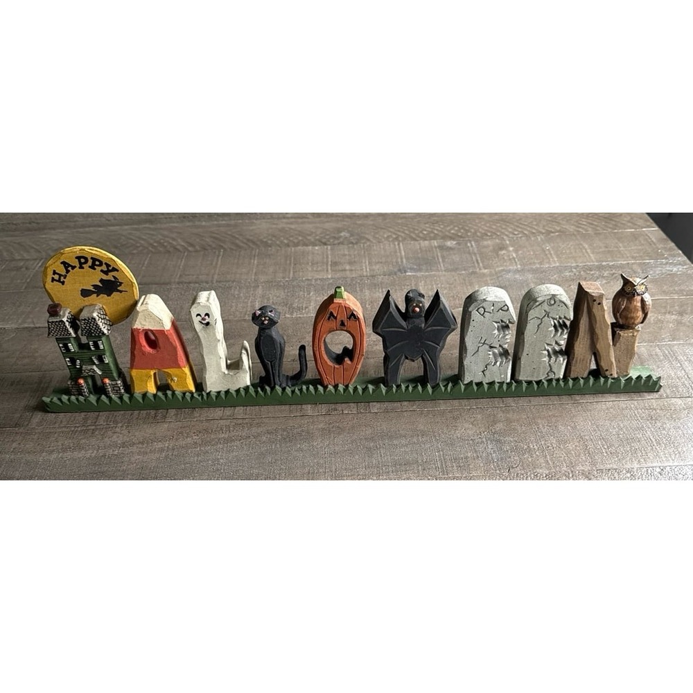Halloween Themed Wooden Sign "Happy Halloween" with Figures